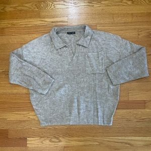 Shein Sweater Women’s Large (US 8/10) Tan V neck Collared Lightweight Pocket